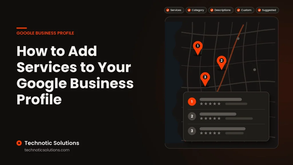 Illustration titled How to add services to your Google Business Profile beside an abstract profile card with a services checklist