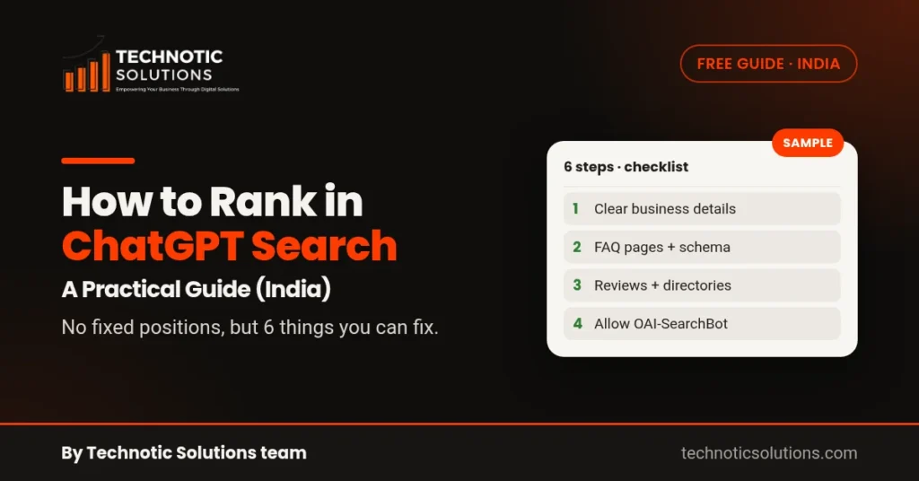 How to rank in ChatGPT search: a sample ChatGPT answer with cited sources, and a checklist of 6 steps beside it