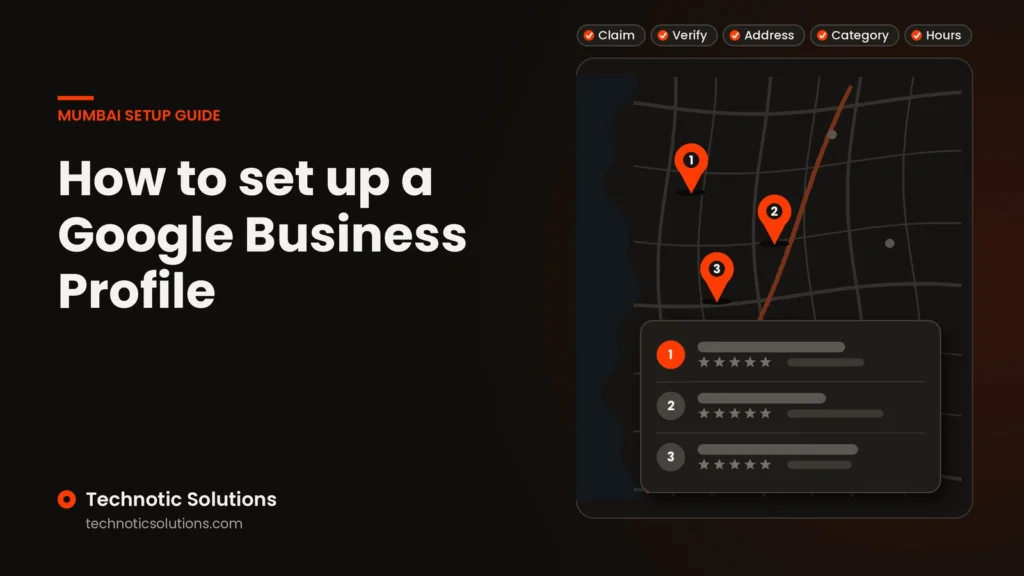 Illustration titled How to set up a Google Business Profile beside an abstract map with location pins and setup checklist chips