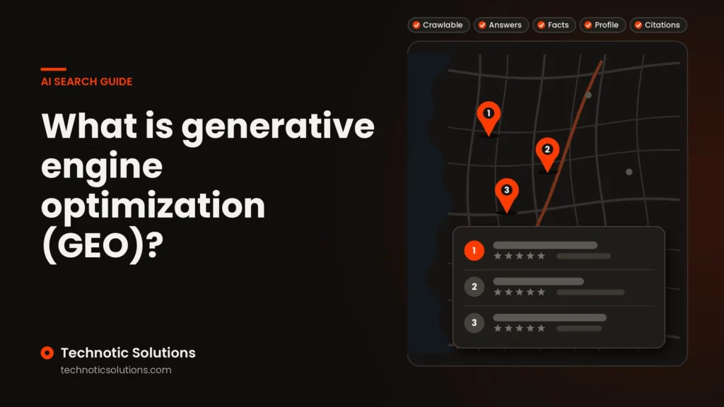 Illustration titled What is generative engine optimization (GEO) beside an abstract map with three source pins and an answer card